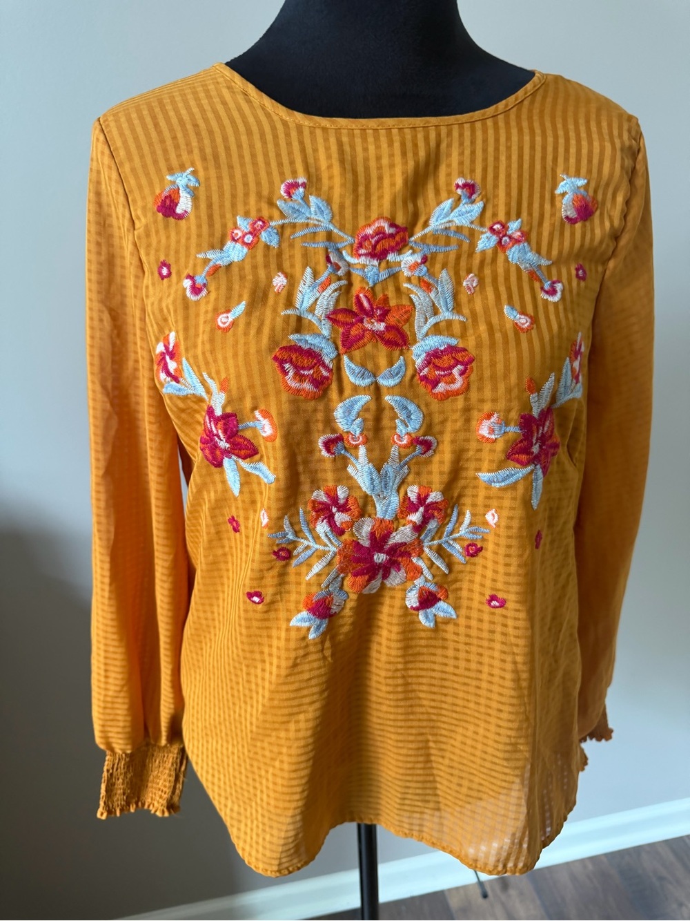 Ophelia Roe Embroidered Mustard Floral Long Sleeve Blouse MED